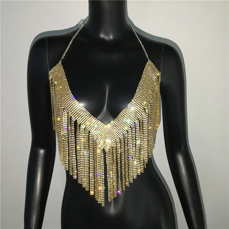 Rhinestone Tassel Halter Crop Top Backless Clubwear