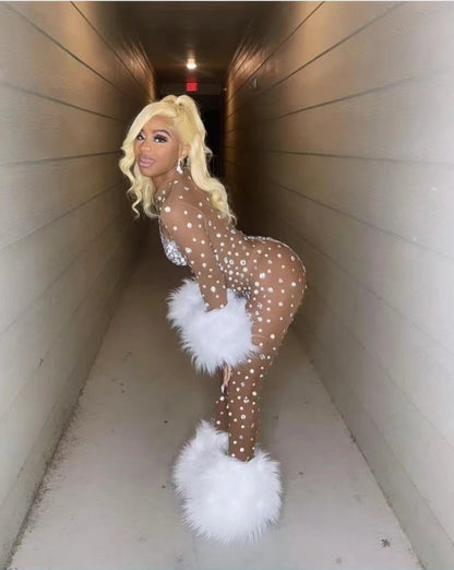 Luxury Rhinestone Feather Stretch Jumpsuit Nightclub Performance Dancer Stage Costume Sexy Mesh Long Sleeve Women's Outfit