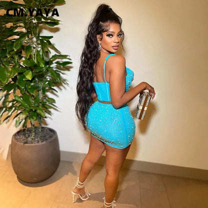 CM.YAYA Women Diamonds Hot Rhinstones Midi Mini Skirt Suit and Strap Plle Neck Crop Top 2023 Sexy Two 2 Piece Dress Sets Outfits