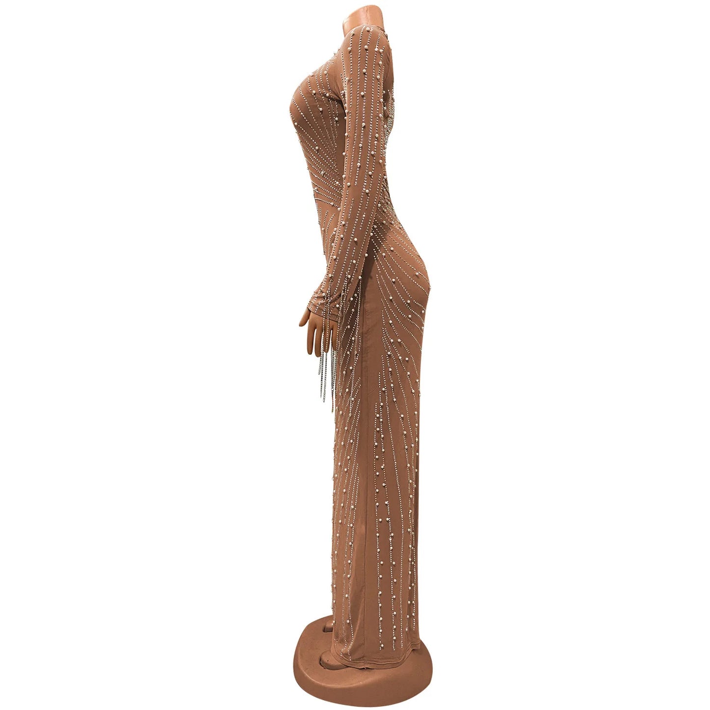 Luxury Women's Mesh Diamonds Long Sleeve Dress Party Formal Bodycon Evening Gown See Through Vestidos Clothing