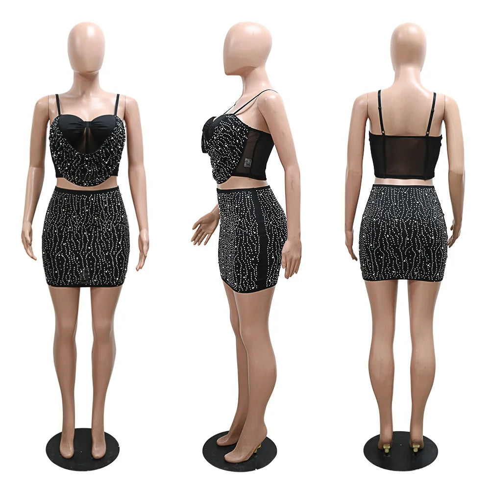 CM.YAYA Women Diamonds Hot Rhinstones Midi Mini Skirt Suit and Strap Plle Neck Crop Top 2023 Sexy Two 2 Piece Dress Sets Outfits