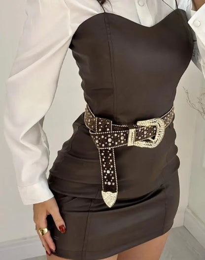 Two Piece Set Women Outfit 2025 Spring New Turn-Down Collar Long Sleeve Blouses & Casual Spaghetti Straps PU Leather Skirt