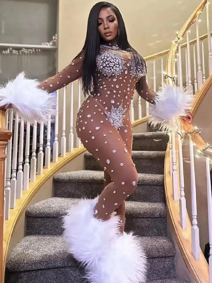 Luxury Rhinestone Feather Stretch Jumpsuit Nightclub Performance Dancer Stage Costume Sexy Mesh Long Sleeve Women's Outfit