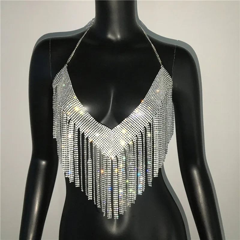 Rhinestone Tassel Halter Crop Top Backless Clubwear