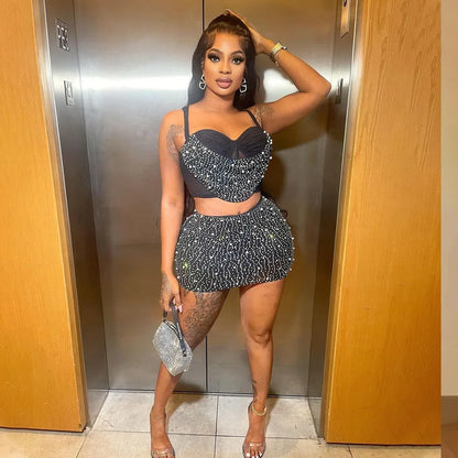 CM.YAYA Women Diamonds Hot Rhinstones Midi Mini Skirt Suit and Strap Plle Neck Crop Top 2023 Sexy Two 2 Piece Dress Sets Outfits