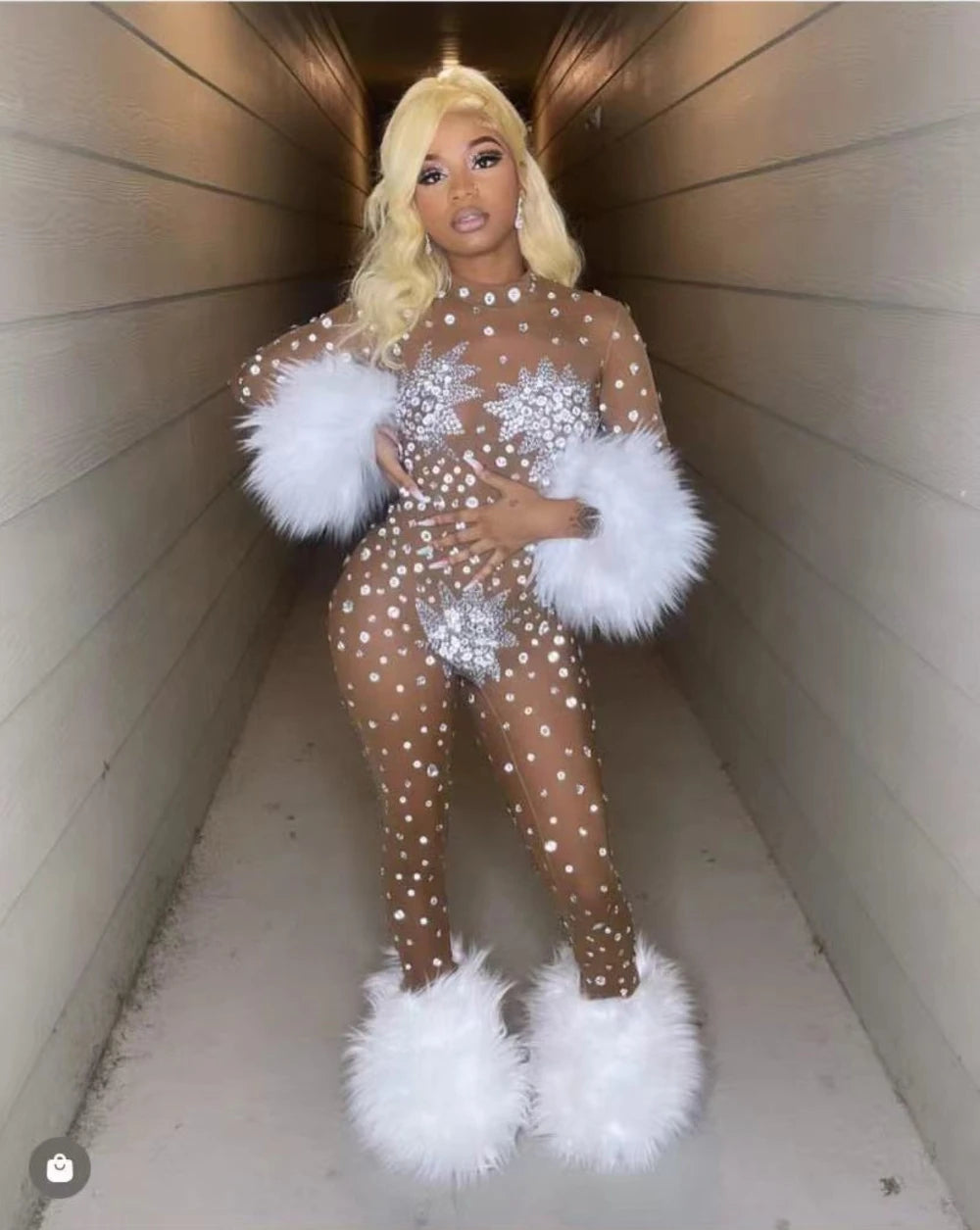 Luxury Rhinestone Feather Stretch Jumpsuit Nightclub Performance Dancer Stage Costume Sexy Mesh Long Sleeve Women's Outfit