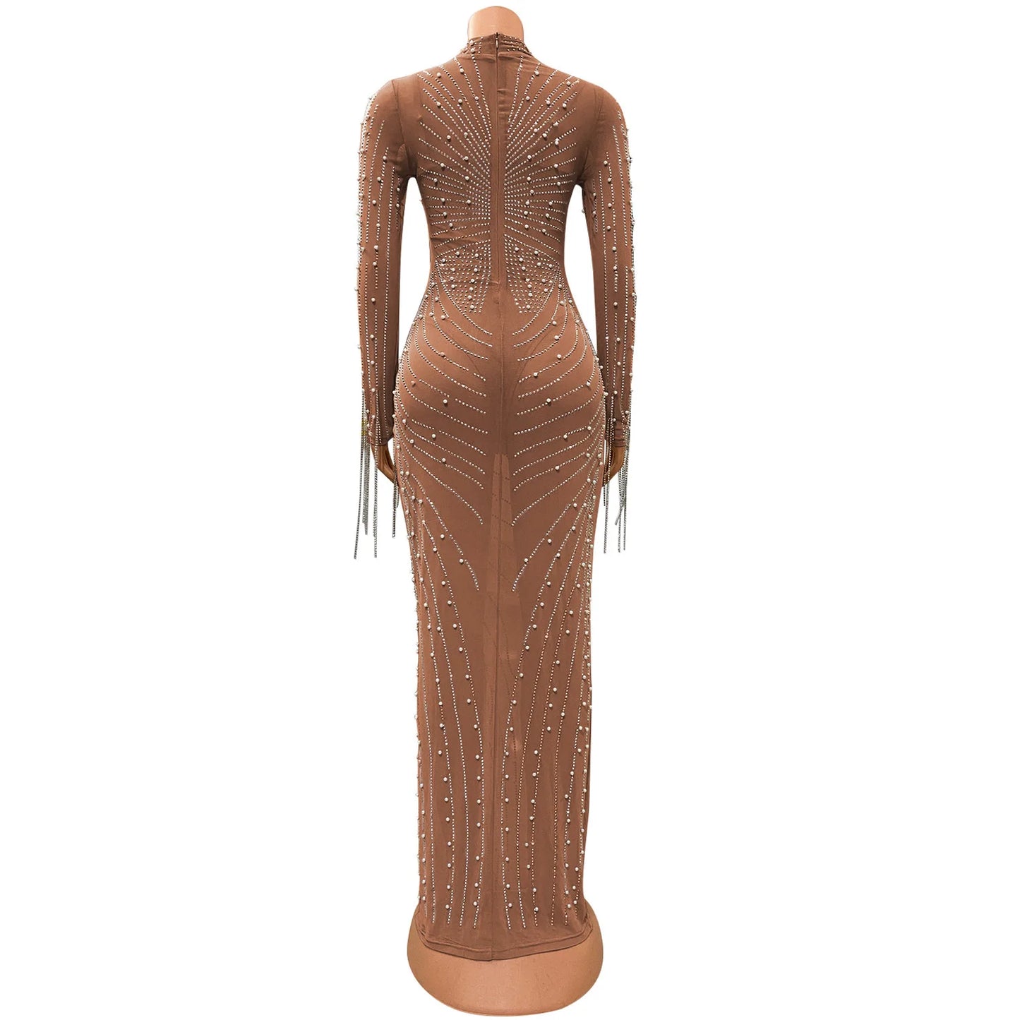 Luxury Women's Mesh Diamonds Long Sleeve Dress Party Formal Bodycon Evening Gown See Through Vestidos Clothing