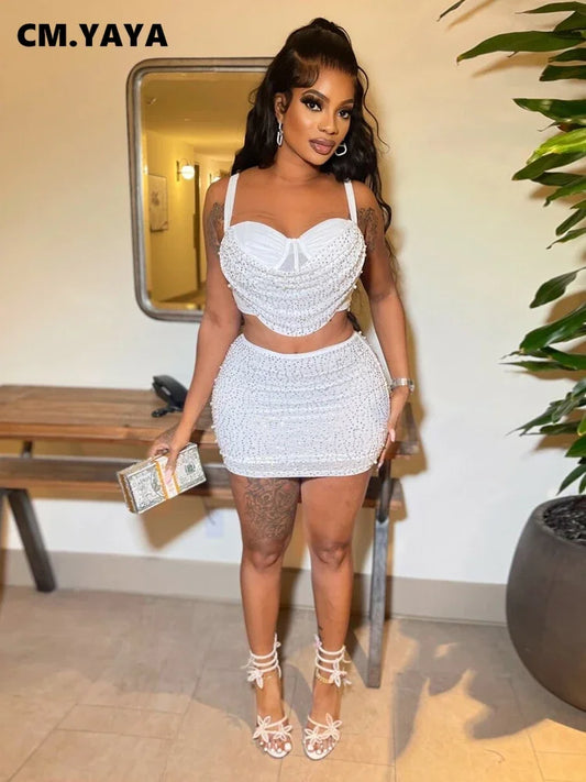 CM.YAYA Women Diamonds Hot Rhinstones Midi Mini Skirt Suit and Strap Plle Neck Crop Top 2023 Sexy Two 2 Piece Dress Sets Outfits