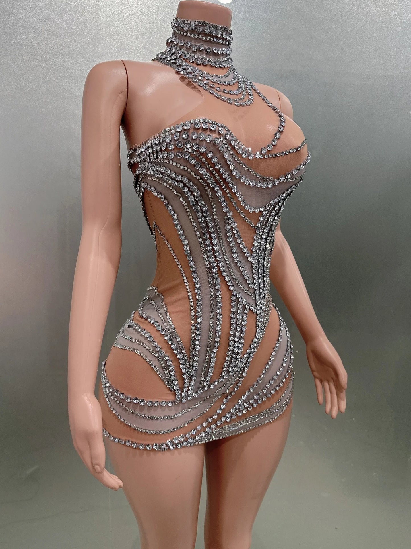 Women Sexy Shinning Crystal Mesh See Through Bodycon Mini Dress Fashion Nightclub Party Performance Costume Stage Wear Wholesale