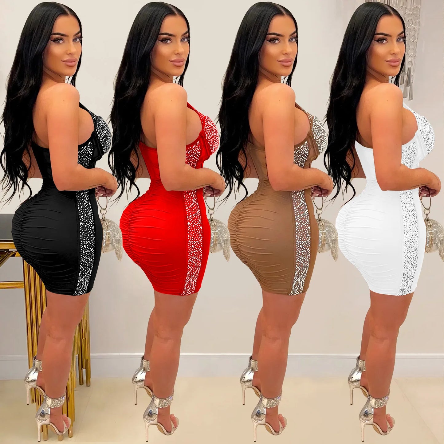 One-Shoulder Mesh Rhinestone Short Prom Dress See Through Night Club Outfits Evening Gowns Party Sexy Bodycon Mini Dresses