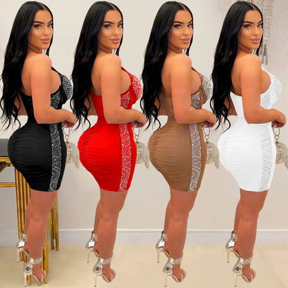 One-Shoulder Mesh Rhinestone Short Prom Dress See Through Night Club Outfits Evening Gowns Party Sexy Bodycon Mini Dresses