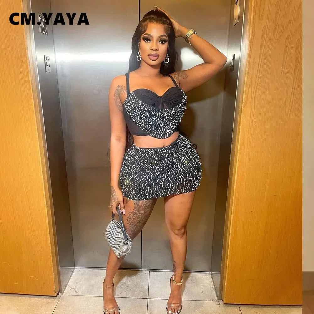 CM.YAYA Women Diamonds Hot Rhinstones Midi Mini Skirt Suit and Strap Plle Neck Crop Top 2023 Sexy Two 2 Piece Dress Sets Outfits