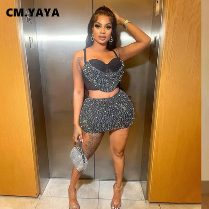 CM.YAYA Women Diamonds Hot Rhinstones Midi Mini Skirt Suit and Strap Plle Neck Crop Top 2023 Sexy Two 2 Piece Dress Sets Outfits