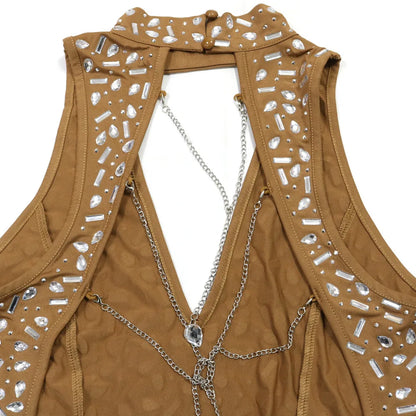 HBLL Sexy Backless Chain Rhinestone Dress Women Diamond Chocker Sleeveless Dress Bodycon Evening Night Party Club Vestidos