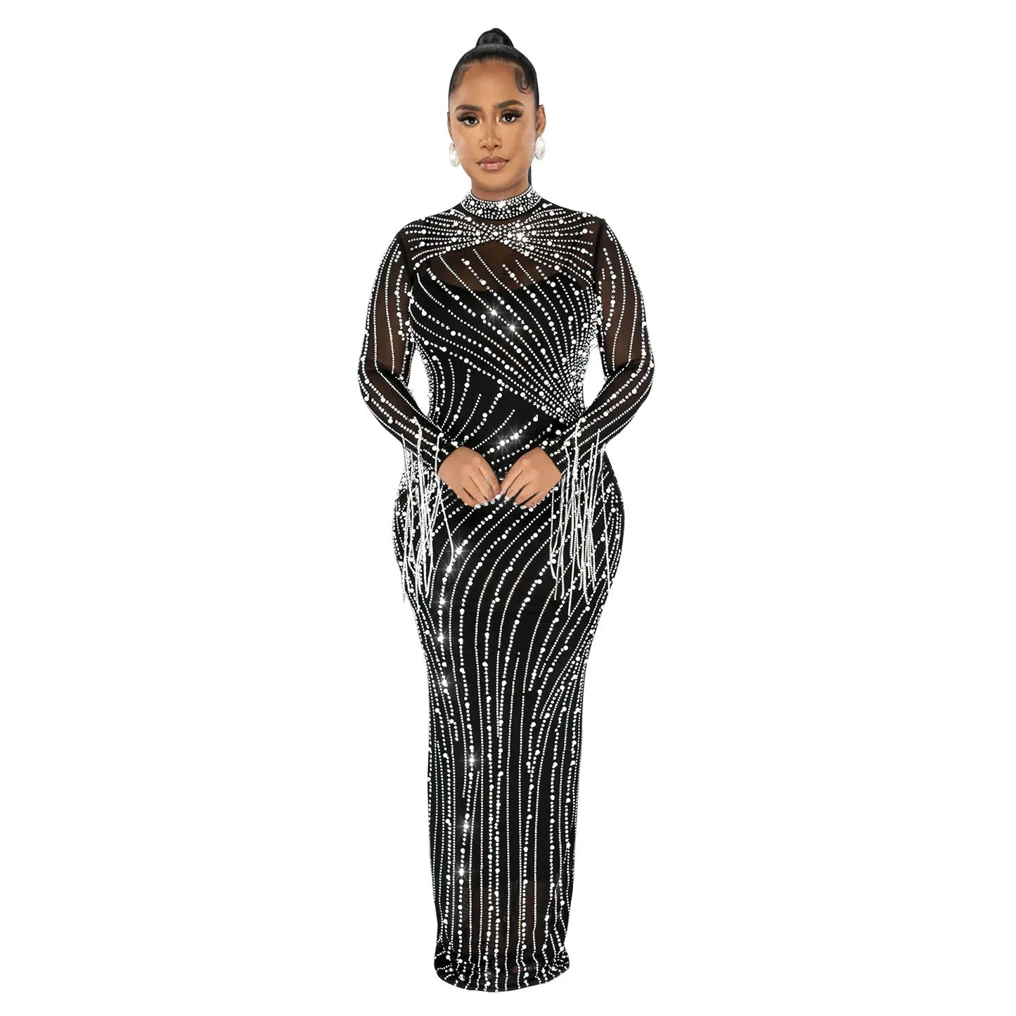 Luxury Women's Mesh Diamonds Long Sleeve Dress Party Formal Bodycon Evening Gown See Through Vestidos Clothing