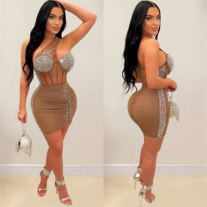 One-Shoulder Mesh Rhinestone Short Prom Dress See Through Night Club Outfits Evening Gowns Party Sexy Bodycon Mini Dresses