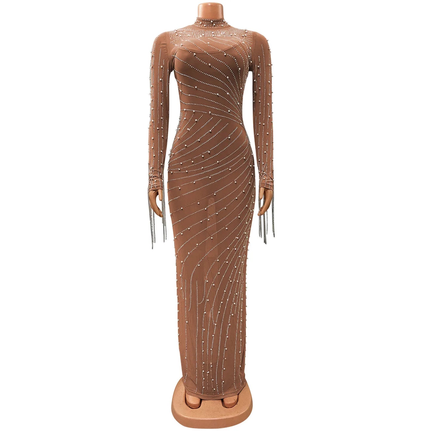 Luxury Women's Mesh Diamonds Long Sleeve Dress Party Formal Bodycon Evening Gown See Through Vestidos Clothing