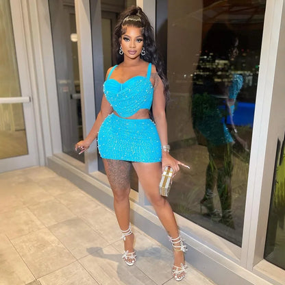 CM.YAYA Women Diamonds Hot Rhinstones Midi Mini Skirt Suit and Strap Plle Neck Crop Top 2023 Sexy Two 2 Piece Dress Sets Outfits
