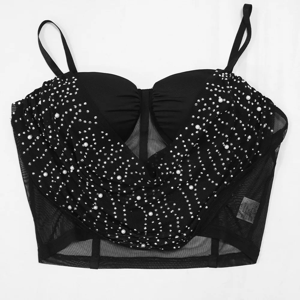CM.YAYA Women Diamonds Hot Rhinstones Midi Mini Skirt Suit and Strap Plle Neck Crop Top 2023 Sexy Two 2 Piece Dress Sets Outfits