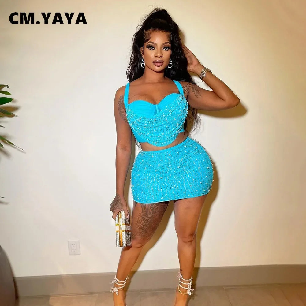 CM.YAYA Women Diamonds Hot Rhinstones Midi Mini Skirt Suit and Strap Plle Neck Crop Top 2023 Sexy Two 2 Piece Dress Sets Outfits