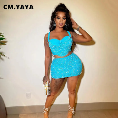 CM.YAYA Women Diamonds Hot Rhinstones Midi Mini Skirt Suit and Strap Plle Neck Crop Top 2023 Sexy Two 2 Piece Dress Sets Outfits