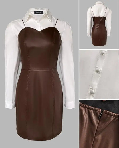 Two Piece Set Women Outfit 2025 Spring New Turn-Down Collar Long Sleeve Blouses & Casual Spaghetti Straps PU Leather Skirt