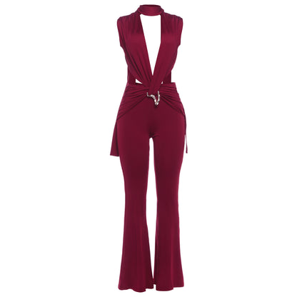 Kliou Sexy Fashion Jumpsuits Woman Deep V-Neck Sleeveless Metal Buckle Ruched Cross Bandage Midnight Prom Party Elegant Overalls