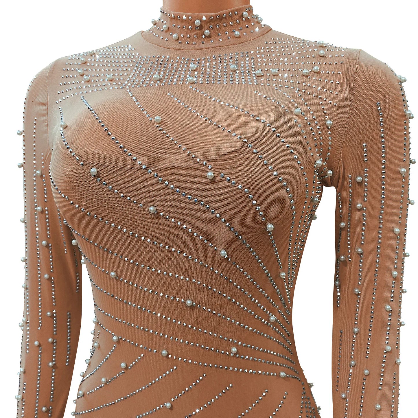 Luxury Women's Mesh Diamonds Long Sleeve Dress Party Formal Bodycon Evening Gown See Through Vestidos Clothing