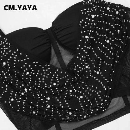 CM.YAYA Women Diamonds Hot Rhinstones Midi Mini Skirt Suit and Strap Plle Neck Crop Top 2023 Sexy Two 2 Piece Dress Sets Outfits