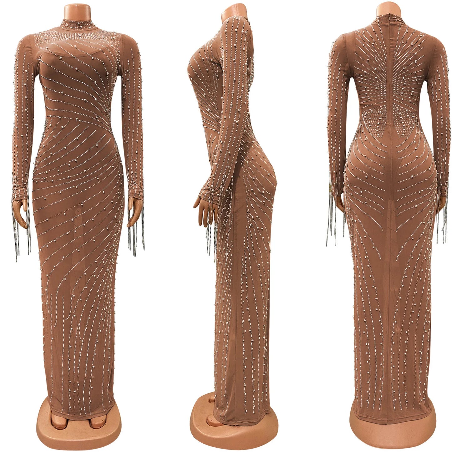 Luxury Women's Mesh Diamonds Long Sleeve Dress Party Formal Bodycon Evening Gown See Through Vestidos Clothing