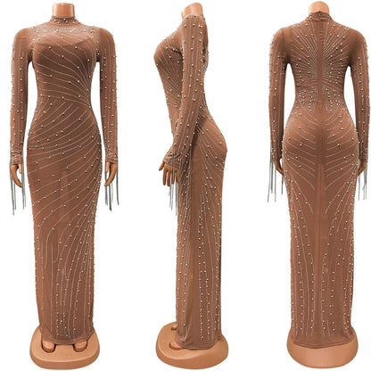 Luxury Women's Mesh Diamonds Long Sleeve Dress Party Formal Bodycon Evening Gown See Through Vestidos Clothing