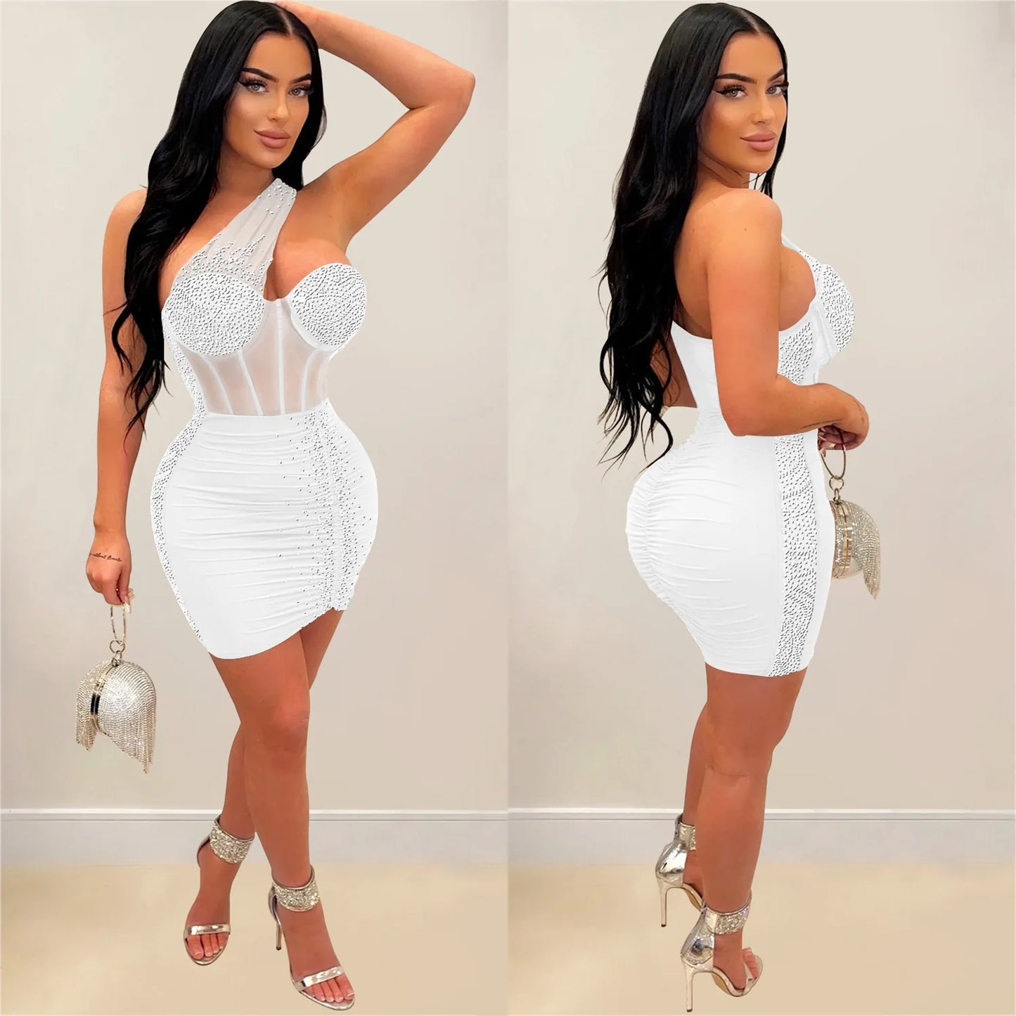 One-Shoulder Mesh Rhinestone Short Prom Dress See Through Night Club Outfits Evening Gowns Party Sexy Bodycon Mini Dresses