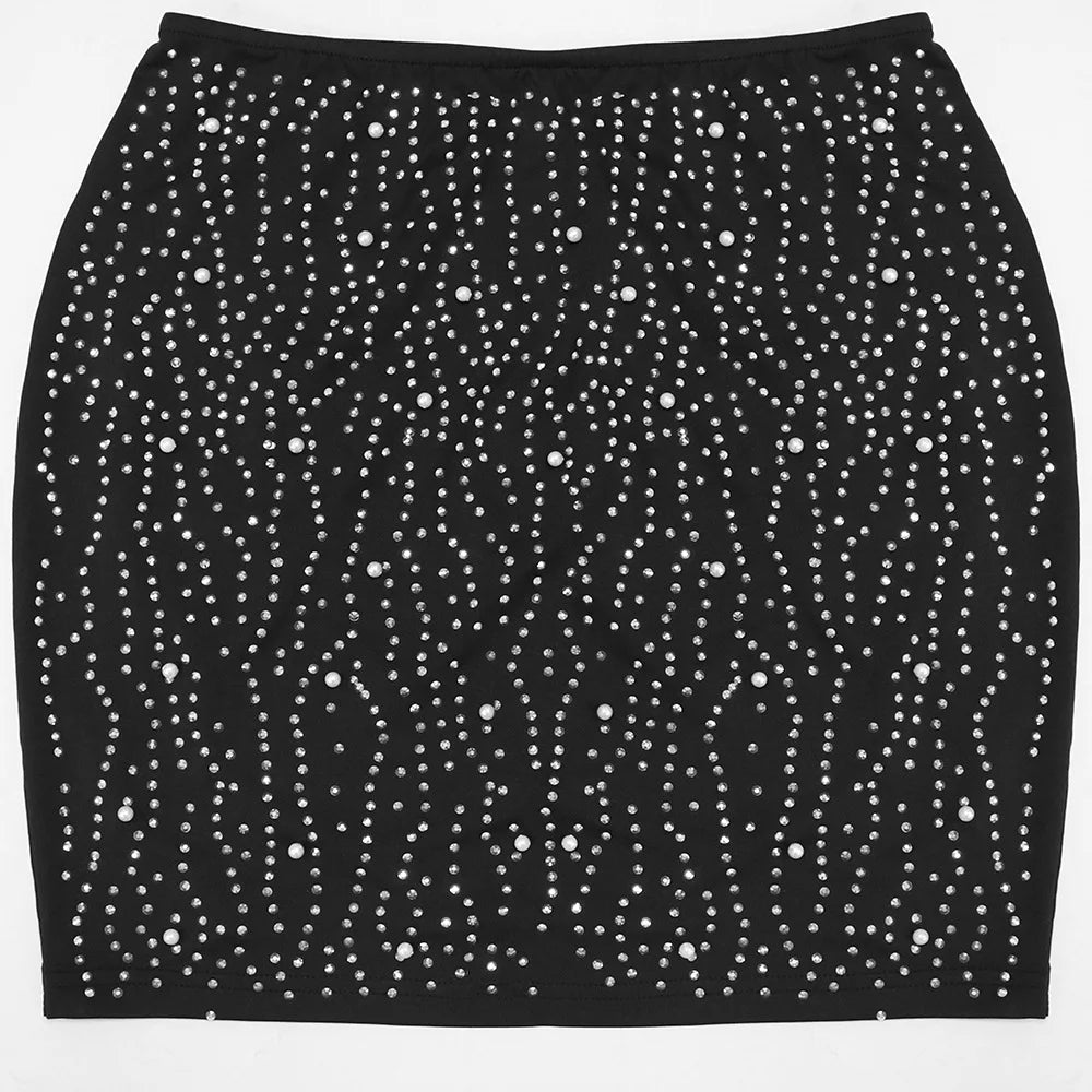 CM.YAYA Women Diamonds Hot Rhinstones Midi Mini Skirt Suit and Strap Plle Neck Crop Top 2023 Sexy Two 2 Piece Dress Sets Outfits