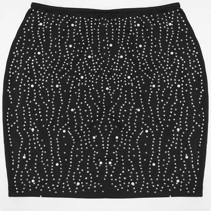 CM.YAYA Women Diamonds Hot Rhinstones Midi Mini Skirt Suit and Strap Plle Neck Crop Top 2023 Sexy Two 2 Piece Dress Sets Outfits