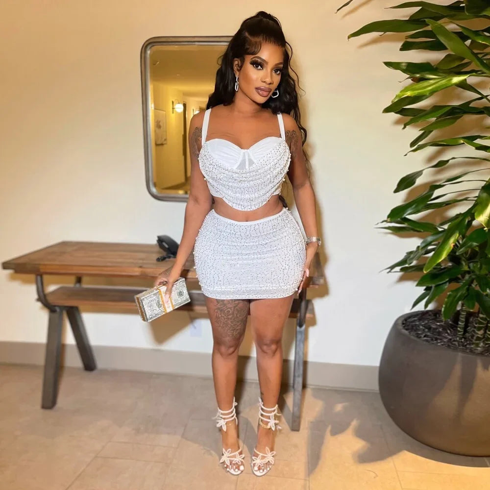 CM.YAYA Women Diamonds Hot Rhinstones Midi Mini Skirt Suit and Strap Plle Neck Crop Top 2023 Sexy Two 2 Piece Dress Sets Outfits