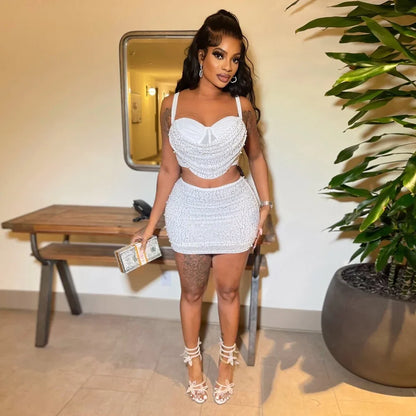 CM.YAYA Women Diamonds Hot Rhinstones Midi Mini Skirt Suit and Strap Plle Neck Crop Top 2023 Sexy Two 2 Piece Dress Sets Outfits