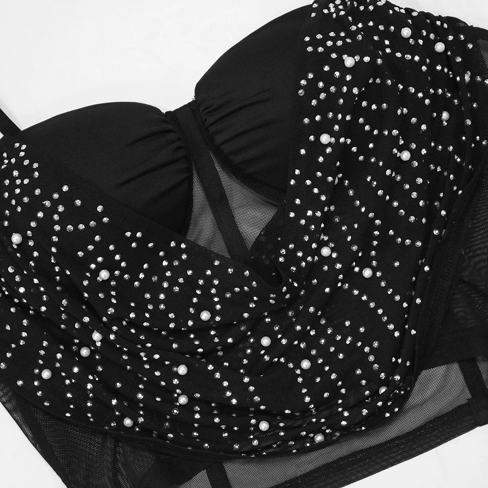 CM.YAYA Women Diamonds Hot Rhinstones Midi Mini Skirt Suit and Strap Plle Neck Crop Top 2023 Sexy Two 2 Piece Dress Sets Outfits