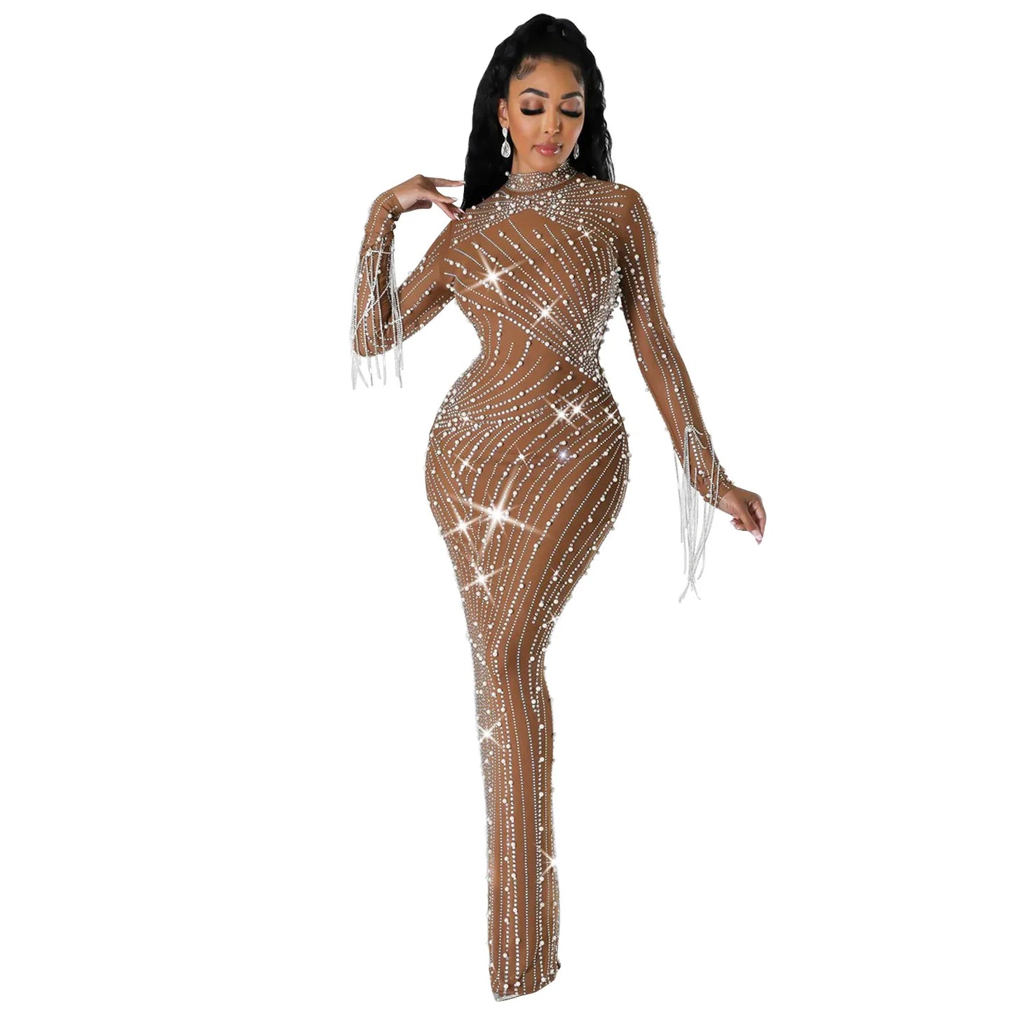 Luxury Women's Mesh Diamonds Long Sleeve Dress Party Formal Bodycon Evening Gown See Through Vestidos Clothing