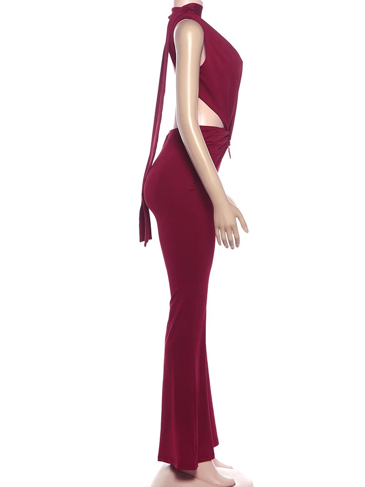 Kliou Sexy Fashion Jumpsuits Woman Deep V-Neck Sleeveless Metal Buckle Ruched Cross Bandage Midnight Prom Party Elegant Overalls