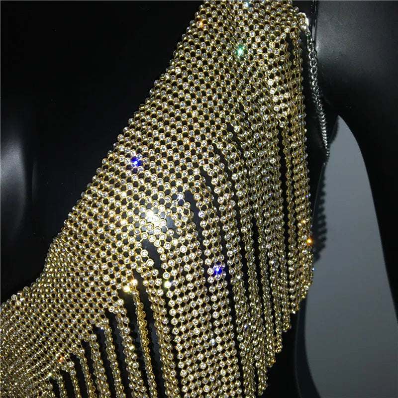 Rhinestone Tassel Halter Crop Top Backless Clubwear