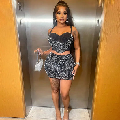 CM.YAYA Women Diamonds Hot Rhinstones Midi Mini Skirt Suit and Strap Plle Neck Crop Top 2023 Sexy Two 2 Piece Dress Sets Outfits