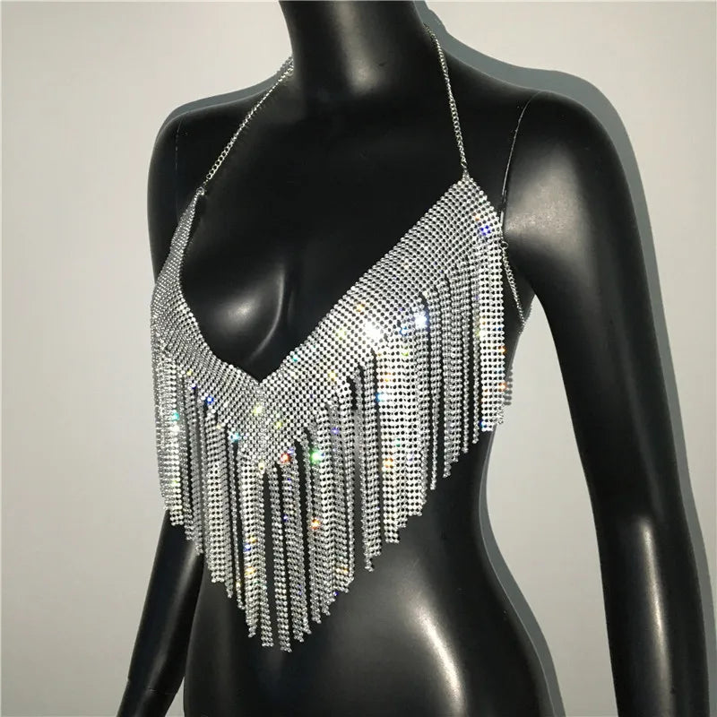 Rhinestone Tassel Halter Crop Top Backless Clubwear