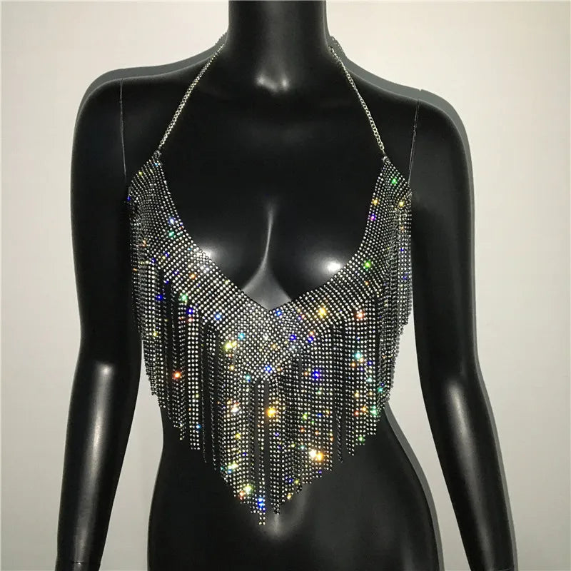 Rhinestone Tassel Halter Crop Top Backless Clubwear