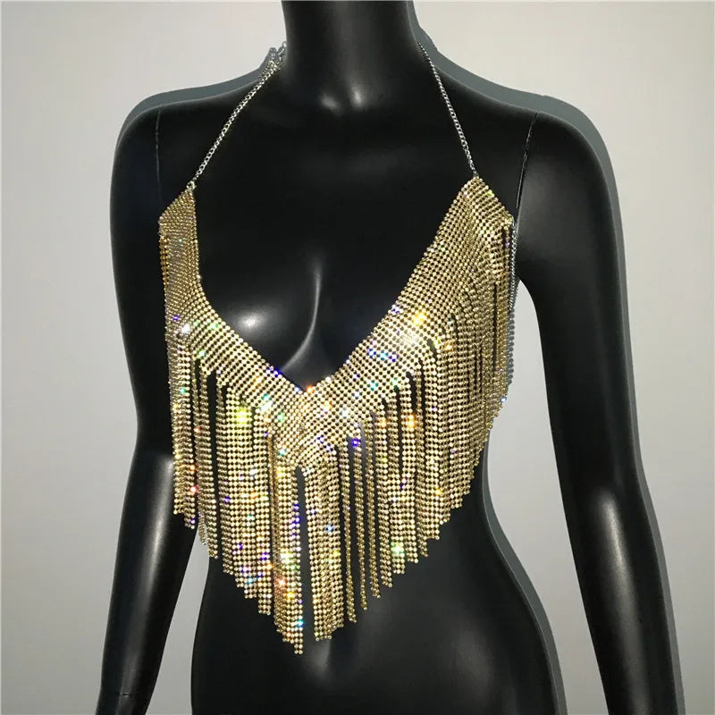 Rhinestone Tassel Halter Crop Top Backless Clubwear