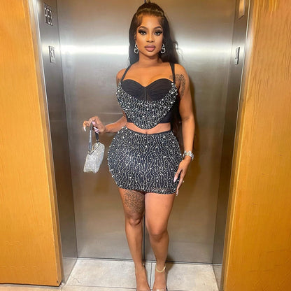 CM.YAYA Women Diamonds Hot Rhinstones Midi Mini Skirt Suit and Strap Plle Neck Crop Top 2023 Sexy Two 2 Piece Dress Sets Outfits