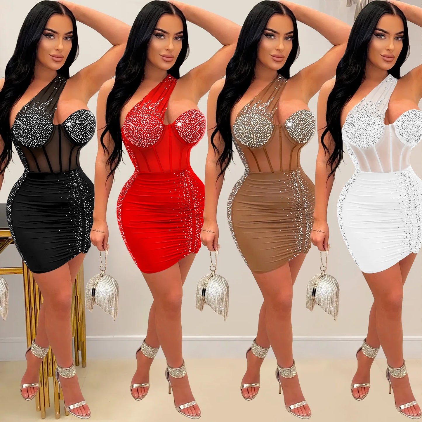 One-Shoulder Mesh Rhinestone Short Prom Dress See Through Night Club Outfits Evening Gowns Party Sexy Bodycon Mini Dresses