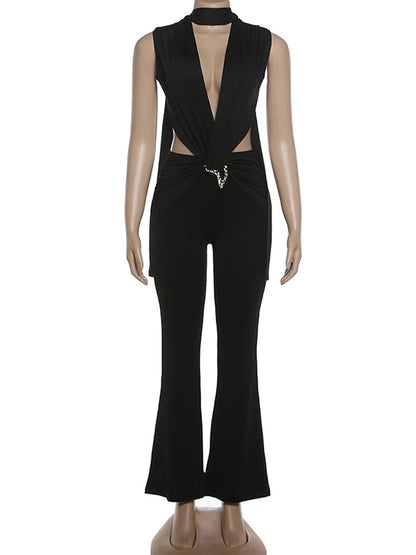 Kliou Sexy Fashion Jumpsuits Woman Deep V-Neck Sleeveless Metal Buckle Ruched Cross Bandage Midnight Prom Party Elegant Overalls
