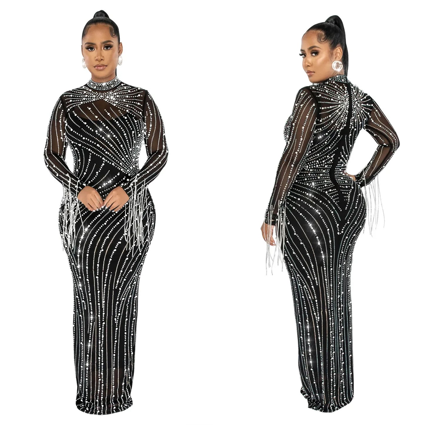 Luxury Women's Mesh Diamonds Long Sleeve Dress Party Formal Bodycon Evening Gown See Through Vestidos Clothing