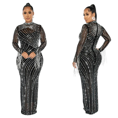 Luxury Women's Mesh Diamonds Long Sleeve Dress Party Formal Bodycon Evening Gown See Through Vestidos Clothing