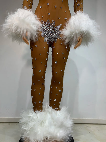 Luxury Rhinestone Feather Stretch Jumpsuit Nightclub Performance Dancer Stage Costume Sexy Mesh Long Sleeve Women's Outfit